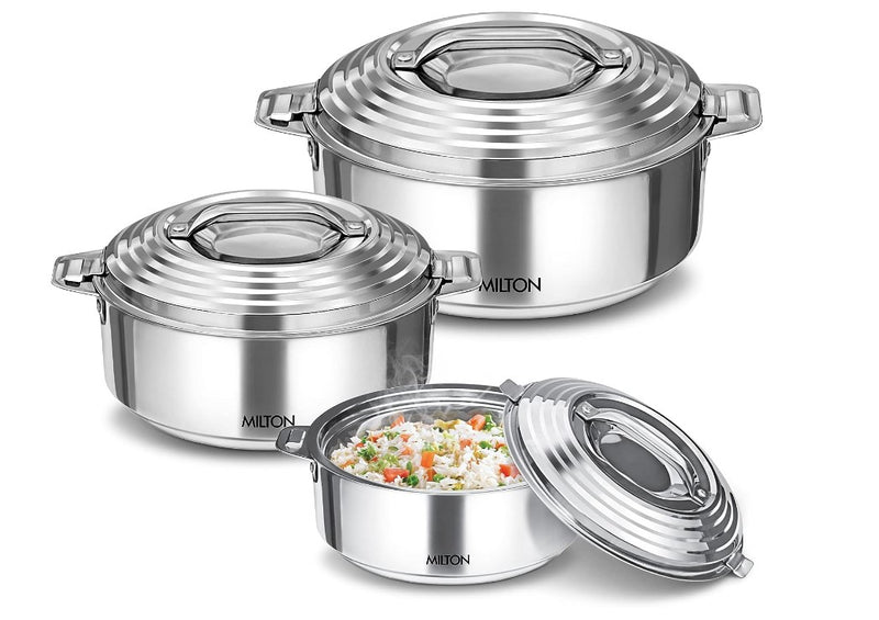 Milton Thermosteel Galaxia Insulated Casseroles, Set of 3, Silver (1000ml, 1500ml, 2500ml)
