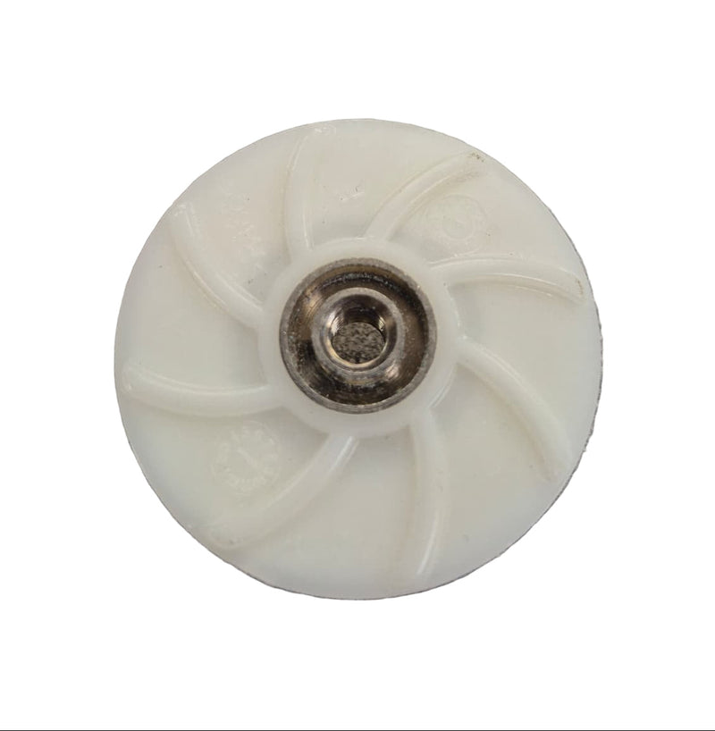 White plastic wheel with metal hub on a white background