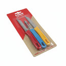 Three kitchen knives with red, blue, and yellow handles on a Rena Germany packaging.