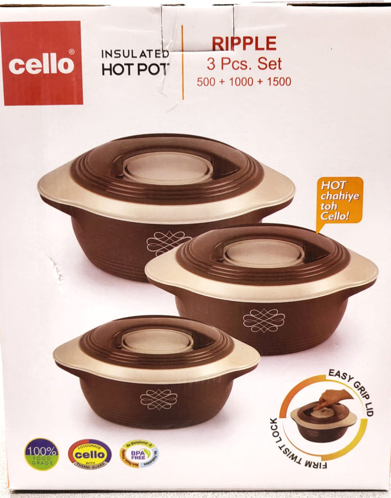 Cello Ripple Insulated Hotpot Pack of 3 Thermoware Casserole Set (500 ml, 1000 ml, 1500 ml)
