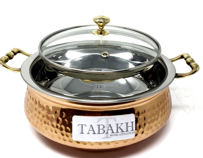 Tabakh Copper Stainless Steel Hammered Finish Handi/Lagan/Pot with Toughened Glass Lid and Brass Knob & Handles Capacity-1500 ML