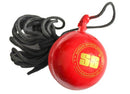 Red sports ball with a black rope on a white background