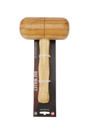 A wooden cricket bat mallet with a label attached to it, displaying the brand and product details.