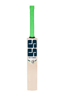 Cricket bat with green handle and brand logo on a white background