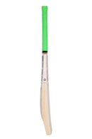 Crescent cricket bat with green handle on a white background