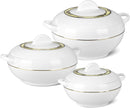 Set of three white ceramic cookware pieces with gold trim on a white background