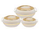 Set of three white and gold ceramic containers on a white background