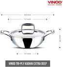 Vinod Platinum Triply Stainless Steel Extra Deep Kadai with Lid - 18cm (1.1L) (Induction Friendly)