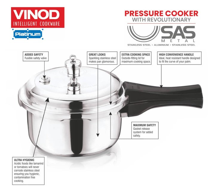 Vinod Platinum Triply Stainless Steel Pressure Cooker Outer Lid - 2 Liter | SAS Bottom Cooker | Induction and Gas Base Cooker | ISI and CE certified