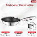Stainless steel frying pan with triple layer construction details on a white background