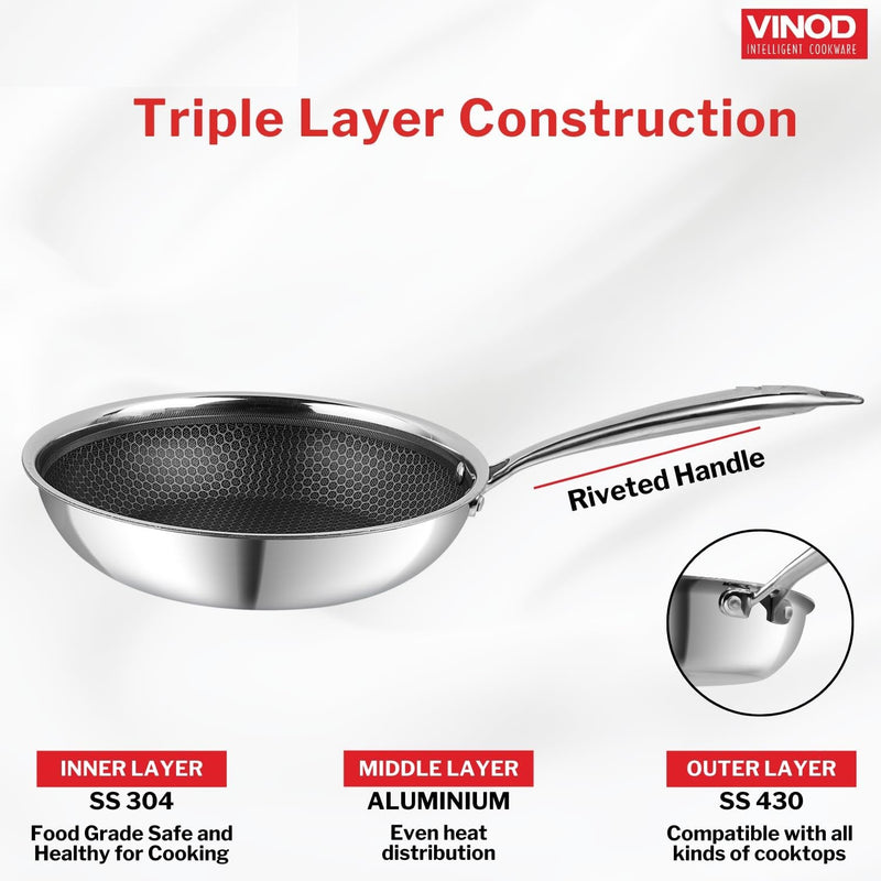 Stainless steel frying pan with triple layer construction details on a white background
