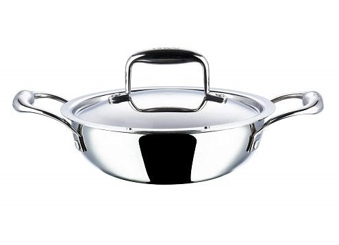 Vinod Platinum Triply Stainless Steel Extra Deep Kadai with Lid - 20cm 1.5 Ltrs (Induction Friendly)