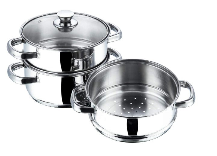 Vinod Stainless Steel Steamer 3 Tier with Glass Lid 20 cm | 2.5 mm Thick Base | Multi Purpose Momos, Modak Maker Steamer | Induction and Gas Base