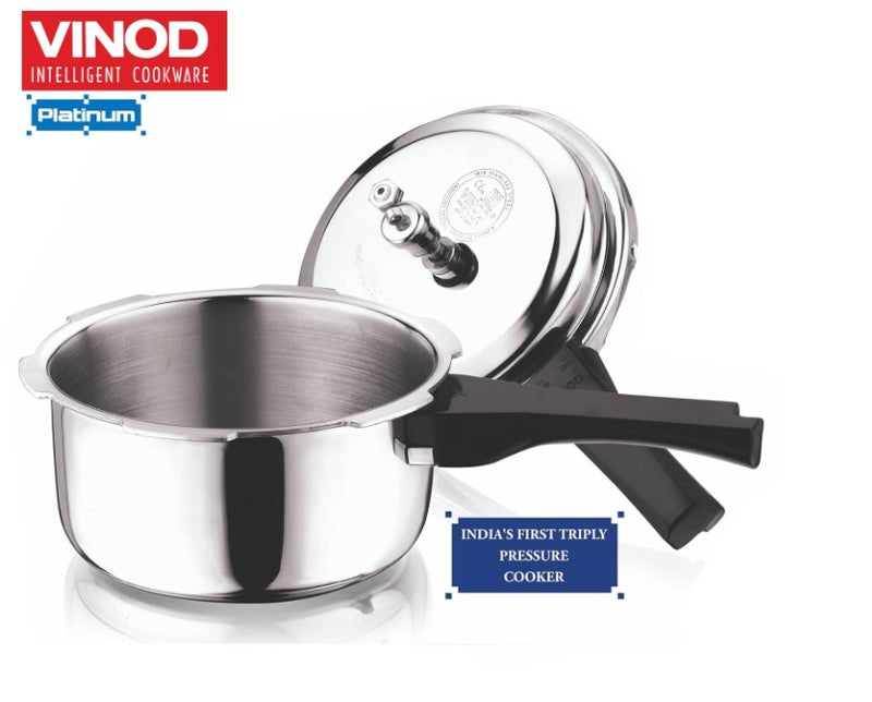 Vinod Platinum Triply Stainless Steel Outer Lid Pressure Cooker 1.5 Litre / Gasket Release System / Induction and Gas Base Cooker / ISI Certified- Silver