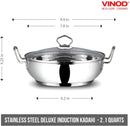 Vinod Induction Friendly Stainless Steel Kadai With Glass Lid 20cm 1.7 Liters