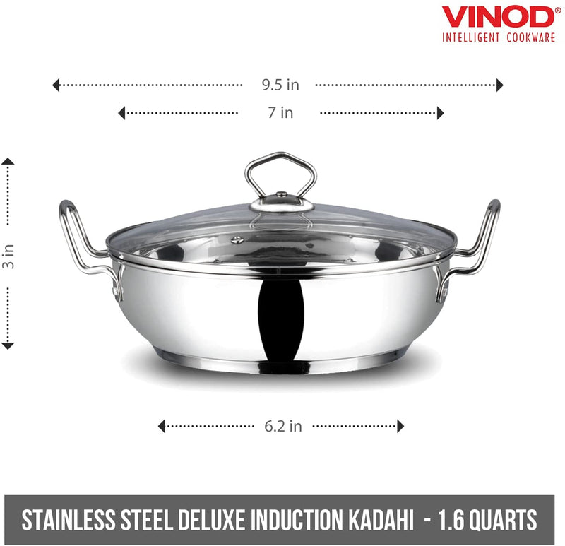 Vinod Induction Friendly Stainless Steel Kadai With Glass Lid 18cm 1.5 Litres