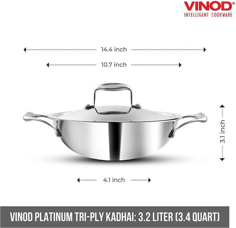 Vinod Platinum Triply Stainless Steel Deep Kadai with Lid - 26cm (3.2L) (Induction Friendly)