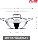 Vinod Platinum Triply Stainless Steel Extra Deep Kadai with Lid - 26cm (3.7L) (Induction Friendly)