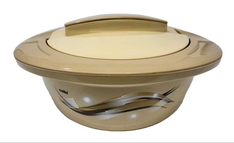 Beige casserole with a lid on a white background
