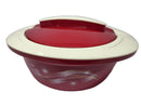 A red insulated hot pot casserole dish with a white lid, on a white surface.