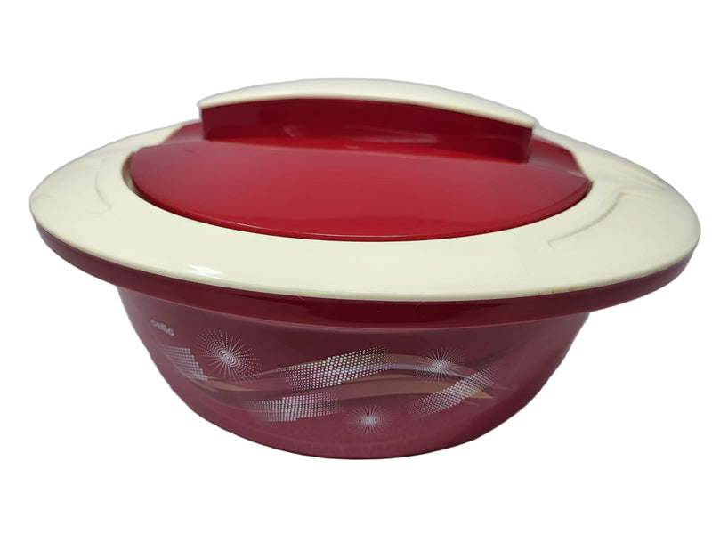 A red insulated hot pot casserole dish with a white lid, on a white surface.
