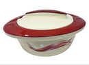 Red and beige plastic basin with a handle on a white background