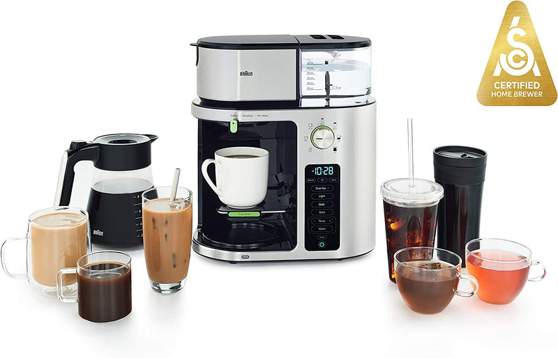 Braun MultiServe Coffee Machine 7 Programmable Brew Sizes / 3 Strengths + Iced Coffee & Hot Water for Tea, Glass Carafe (10-Cup), Stainless Steel, KF9170SI 220V