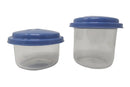 Two clear glass containers with blue lids on a white surface.