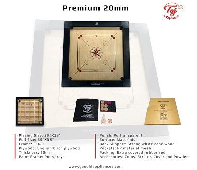 Taj Premium Carrom Board with Coins, Striker and Powder, 20mm