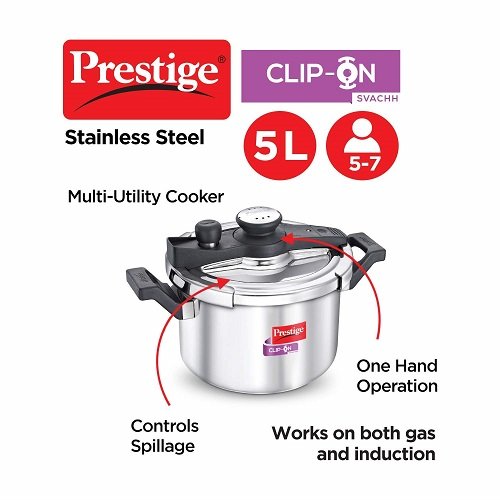 Prestige Svachh Clip-on 5 Litre Stainless Steel Pressure Cooker
