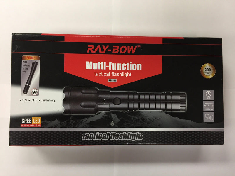 Ray-Bow RB-311 200-Lumens Multi-Function Tactical Rechargeable LED Flashlight + 1 Led Penlight, 100-240V (Worldwide Use)
