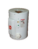 Rheem 81VP2S Water Heater, 220 Volts, in a white color with a wall bracket for easy mounting, featuring control knobs and temperature relief valve.