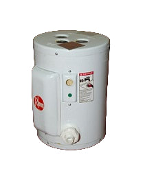 Rheem 81VP2S Water Heater, 220 Volts, in a white color with a wall bracket for easy mounting, featuring control knobs and temperature relief valve.