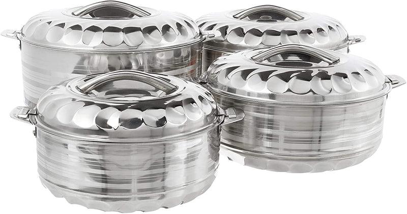 A set of four stainless steel insulated casseroles with lids, in varying sizes, designed for hot and cold food storage.