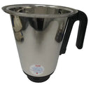 Stainless steel mixing bowl with black handle on a white background