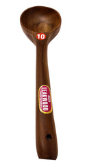 Wooden ladle with a visible brand label on a white background