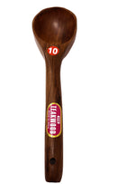 A brown wooden spoon with a visible brand sticker labeled 'Teakwood' on the handle.