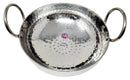 Silver metal kadai with handles on a white background