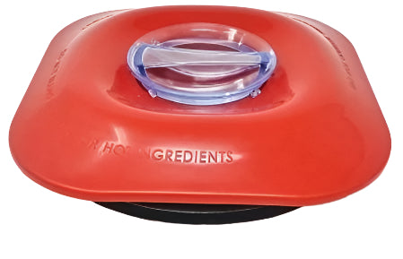 A red Ultra Juicer Jar Lid with a transparent handle.