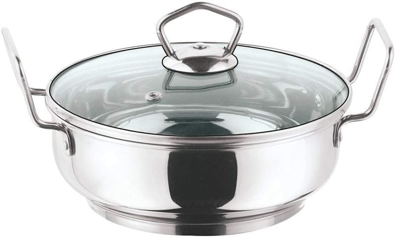 Vinod Induction Friendly Stainless Steel Kadai With Glass Lid 20cm 2 Litres