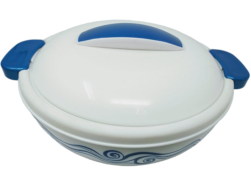 White container with blue handles and decorative patterns on a white background