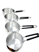 A set of four stainless steel milkpans with black bakelite handles.